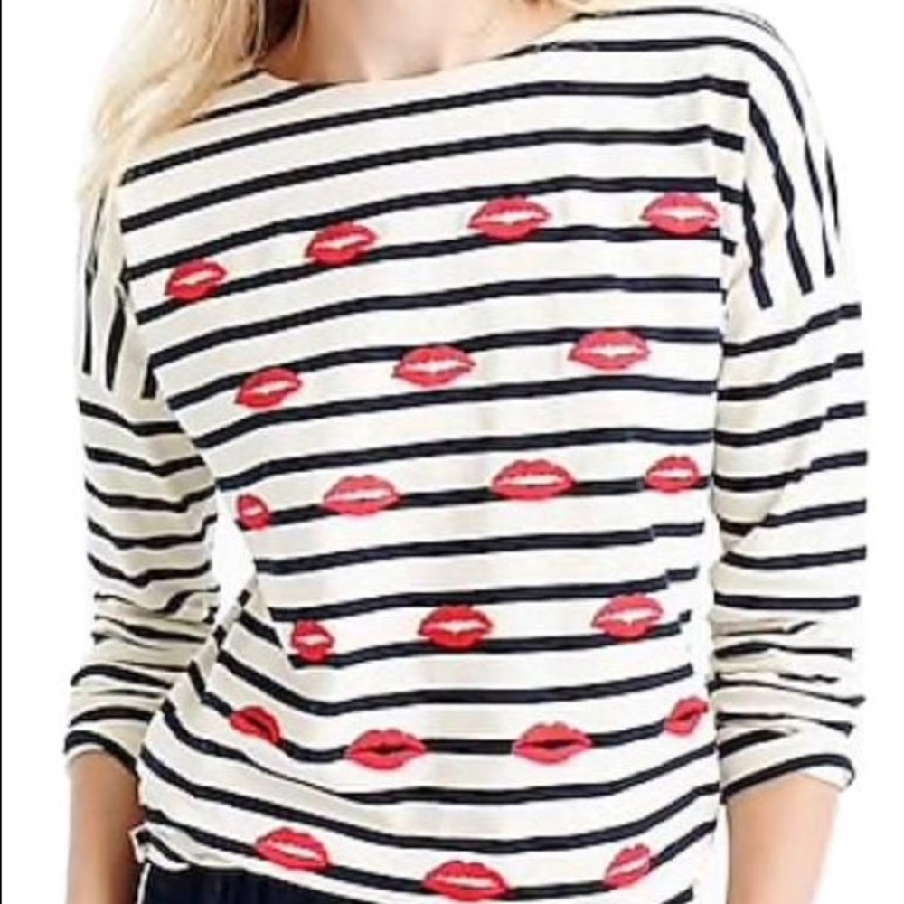 J.Crew Embroidered Lips Stripe Long Sleeve Tee